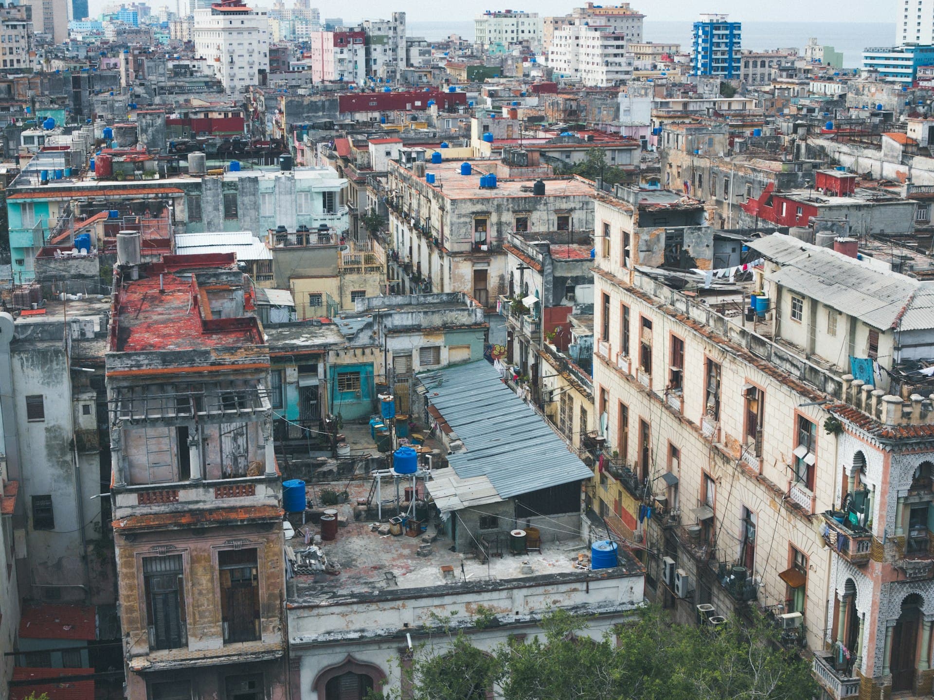 Aerial view of colourful rooftops and colonial buildings in the heart of Old Havana, Cuba