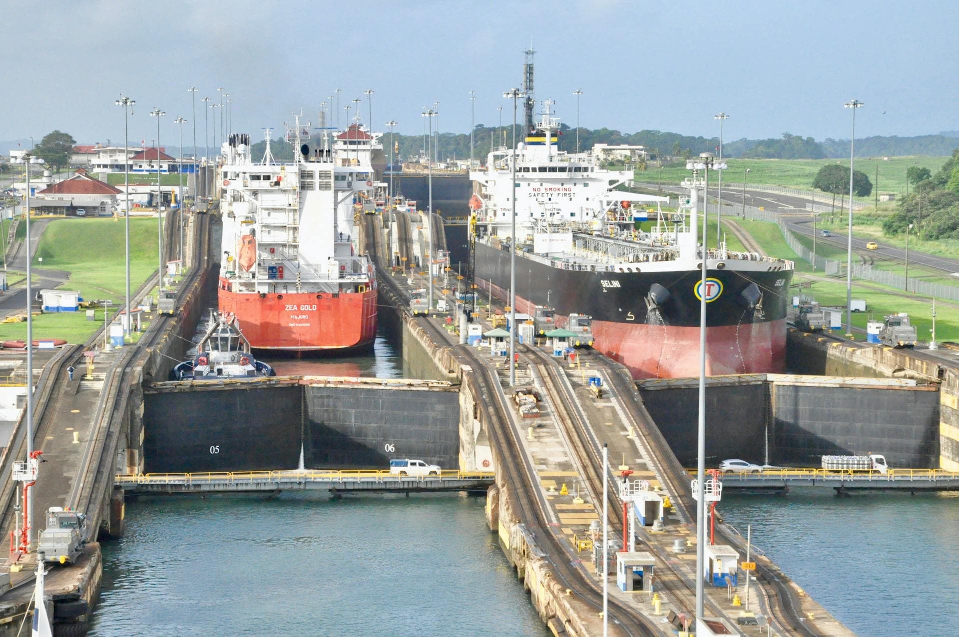 Large container ship passing through the Panama Canal locks