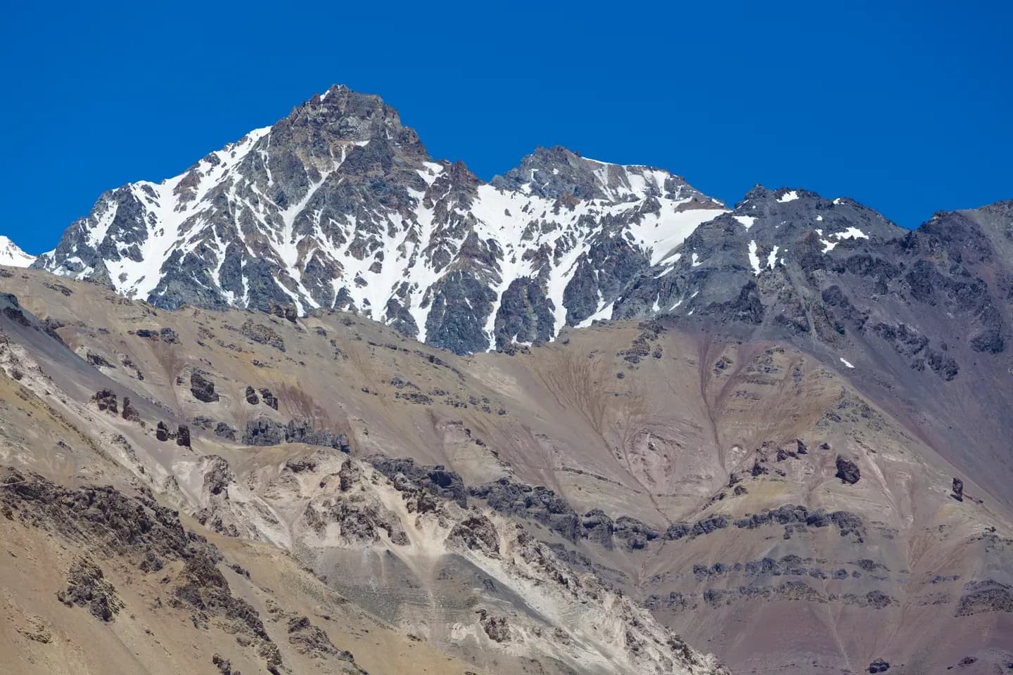 The snow-capped summit of Aconcagua against a clear blue sky in the Argentine Andes