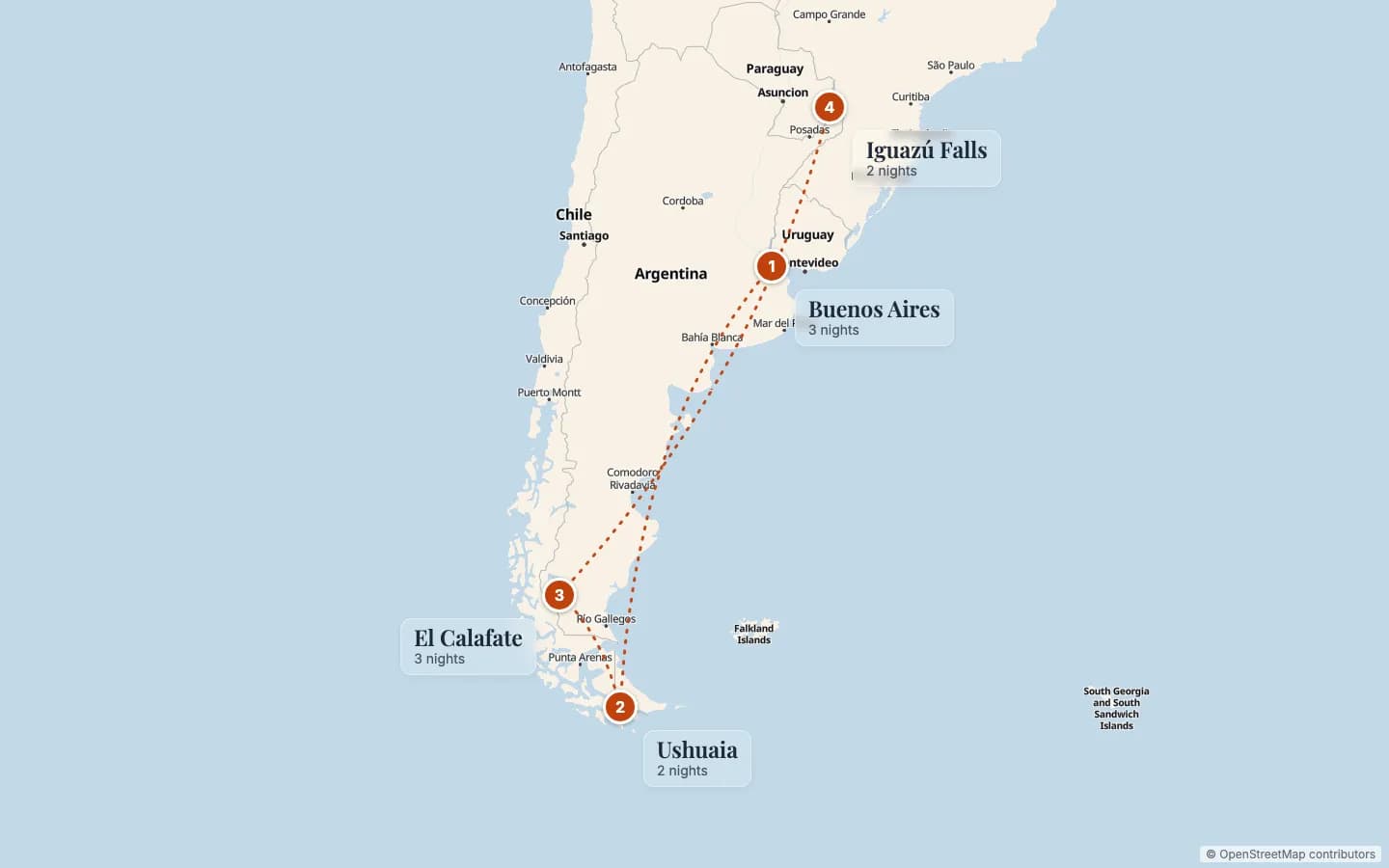 Route map of Argentina Small Group Tour: Buenos Aires, Patagonia and Iguazú Falls: 1 Buenos Aires (3 nights), 2 Ushuaia (2 nights), 3 El Calafate (3 nights), 4 Iguazú Falls (2 nights). Map data © OpenStreetMap contributors.