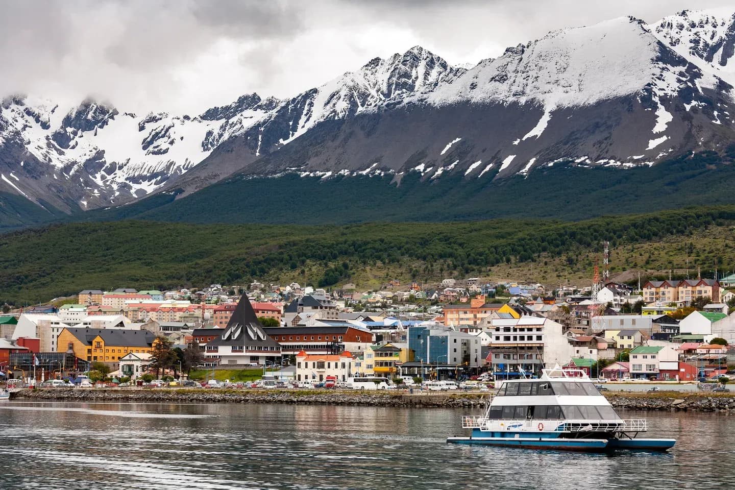 Ushuaia on the Beagle Channel, with snow on the mountains behind the town, Tierra del Fuego, Argentina