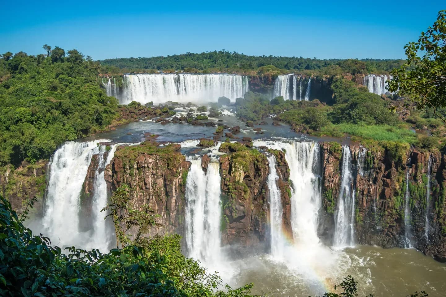 Panoramic view of Iguazu Falls cascading through the rainforest, seen from the Brazilian side