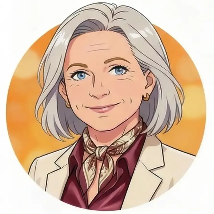 An animated portrait of a smiling, fair-skinned woman with short, gray hair, blue eyes, and wrinkles around her eyes and mouth, wearing a cream blazer over a burgundy shirt and a patterned scarf.