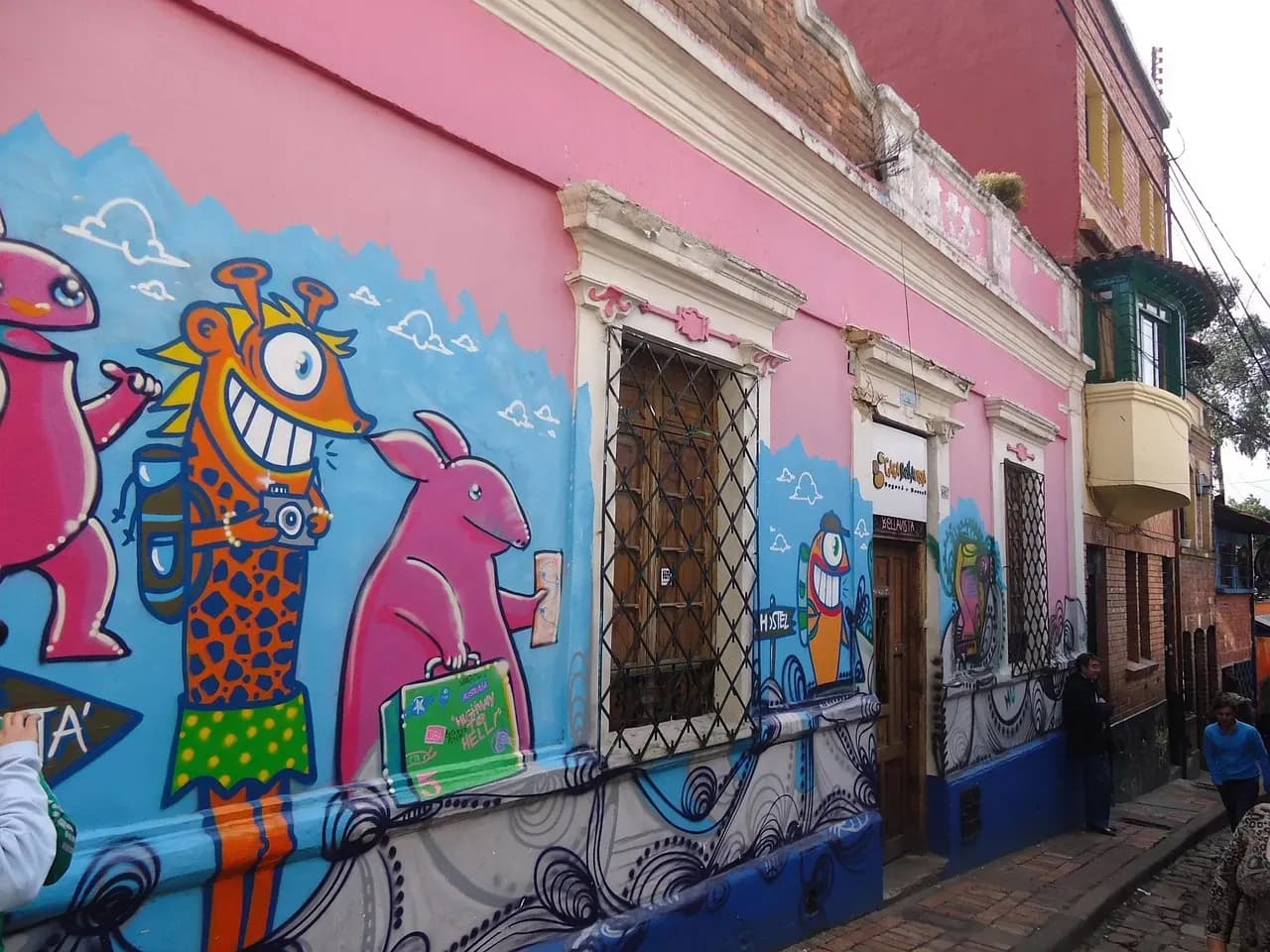 Street art on a colonial house in La Candelaria, the old town of Bogotá, Colombia