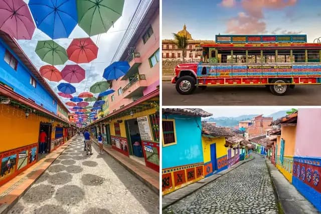 A collage of three vibrant Colombian scenes: a street lined with colorful buildings and umbrellas, a brightly decorated bus, and a cobblestone street with colorful houses.
