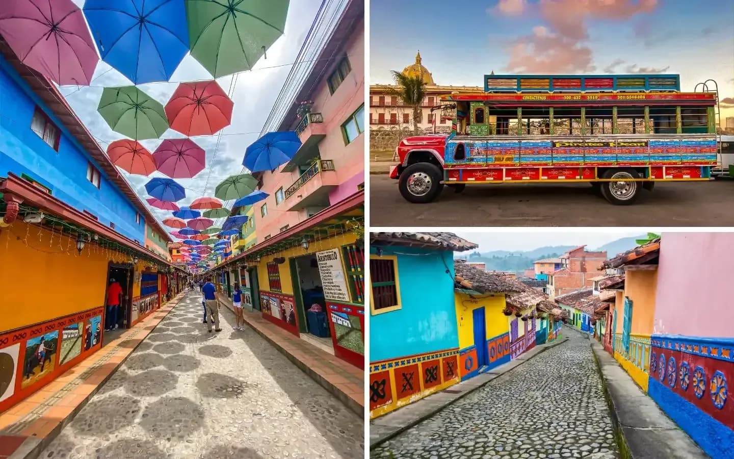 A collage of three vibrant Colombian scenes: a street lined with colorful buildings and umbrellas, a brightly decorated bus, and a cobblestone street with colorful houses.