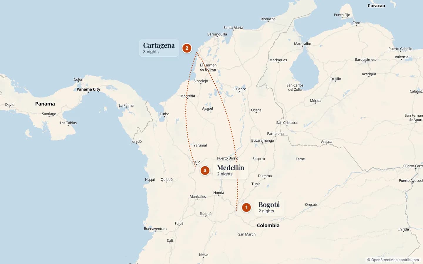 Route map of Favourites of Colombia: 1 Bogotá (2 nights), 2 Cartagena (3 nights), 3 Medellín (2 nights). Map data © OpenStreetMap contributors.