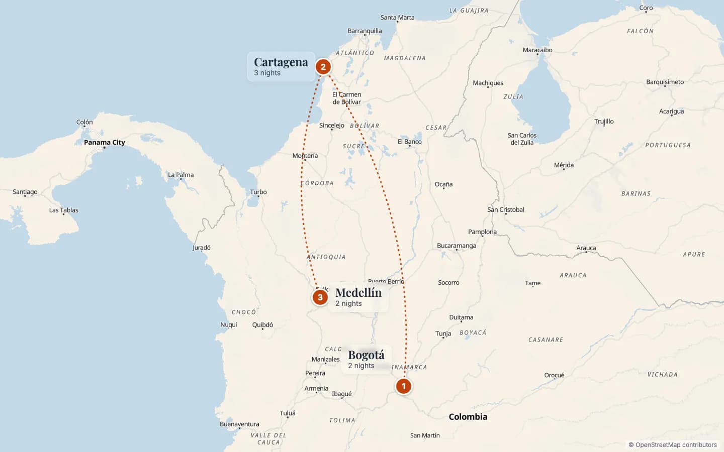 Route map of Favourites of Colombia: 1 Bogotá (2 nights), 2 Cartagena (3 nights), 3 Medellín (2 nights). Map data © OpenStreetMap contributors.
