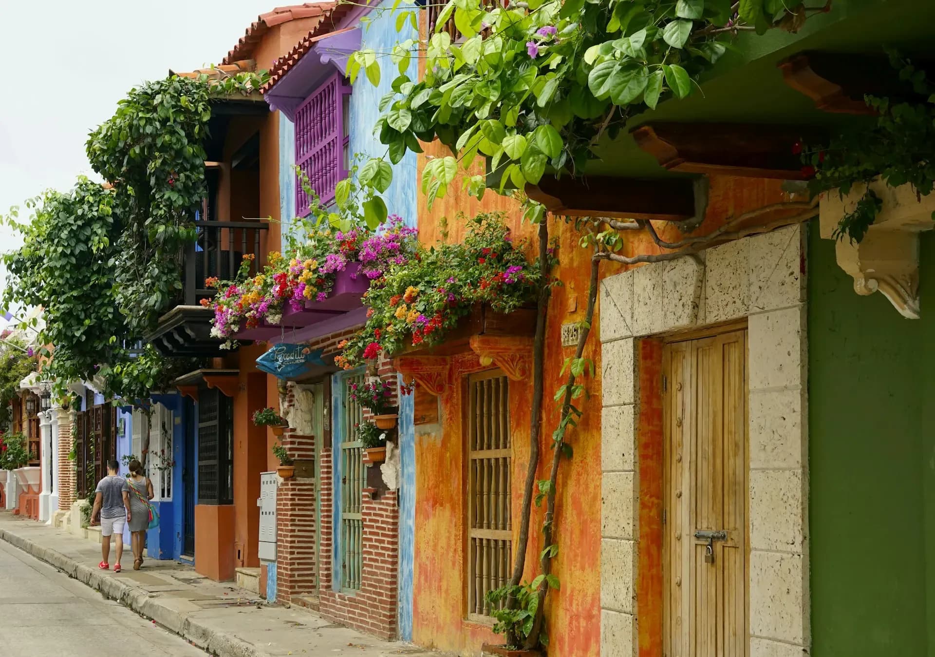 Colourful colonial buildings with flower-draped balconies on a street in Cartagena, Colombia