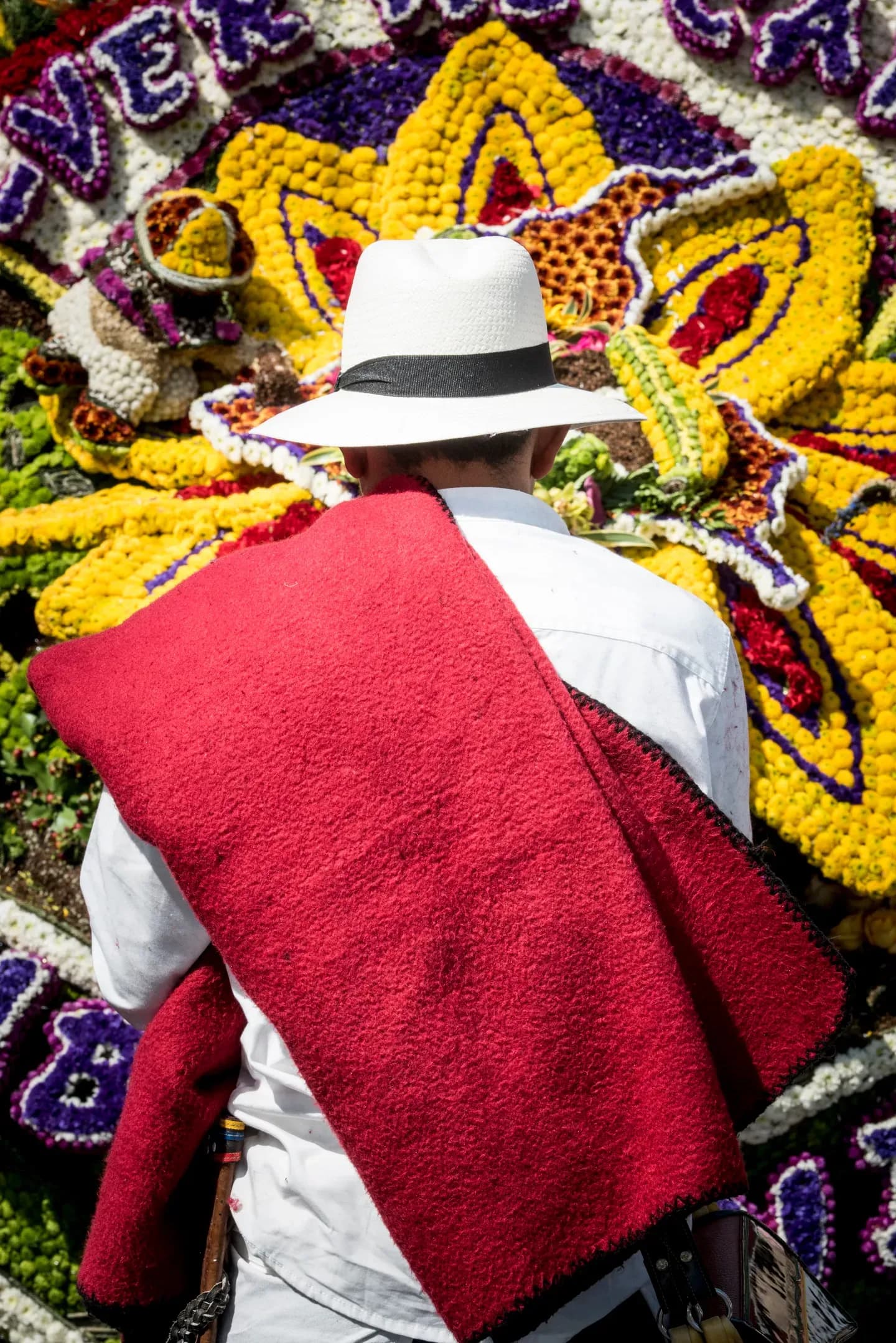 A silletero in a white hat with his silleta of flowers before the parade in Medellín, Colombia