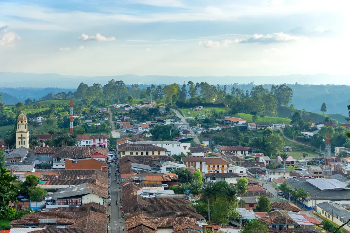 The rooftops and church of Salento in the coffee region, Colombia