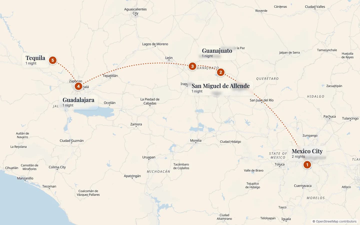 Route map of Colonial Treasures & the Secrets of the Tequila: 1 Mexico City (2 nights), 2 San Miguel de Allende (1 nights), 3 Guanajuato (1 nights), 4 Guadalajara (1 nights), 5 Tequila (1 nights). Map data © OpenStreetMap contributors.