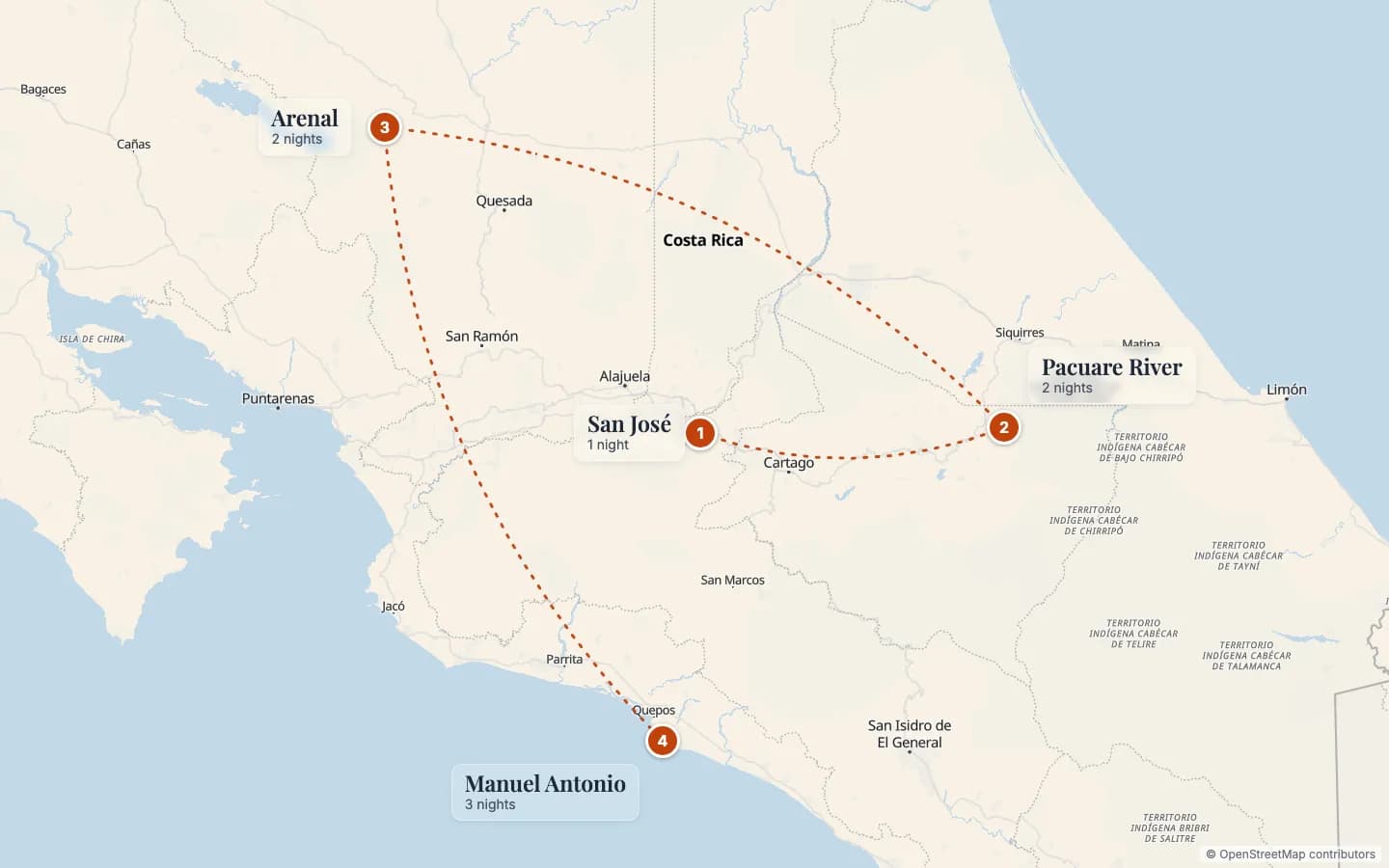 Route map of Costa Rica Explorer: 1 San José (1 nights), 2 Pacuare River (2 nights), 3 Arenal (2 nights), 4 Manuel Antonio (3 nights). Map data © OpenStreetMap contributors.