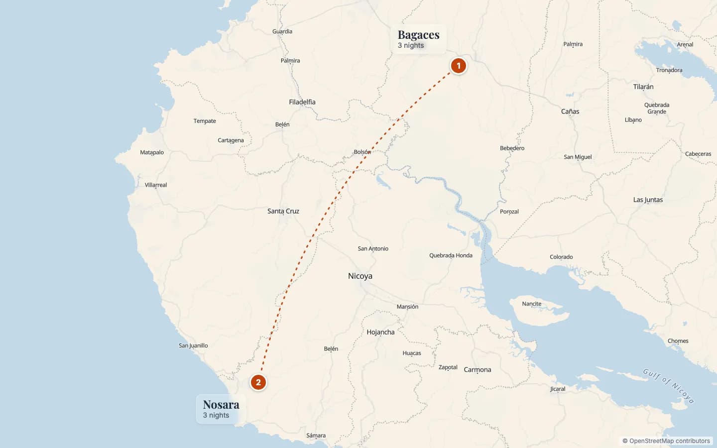 Route map of Costa Rica Hidden Gems: Dry Forest & Beach: 1 Bagaces (3 nights), 2 Nosara (3 nights). Map data © OpenStreetMap contributors.