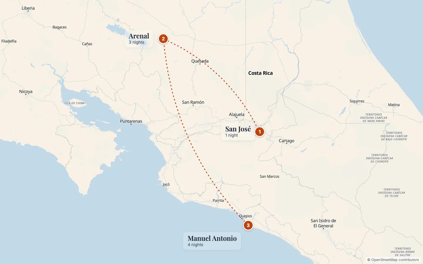 Route map of Costa Rica Honeymoon — Arenal Volcano & the Pacific: 1 San José (1 nights), 2 Arenal (3 nights), 3 Manuel Antonio (4 nights). Map data © OpenStreetMap contributors.