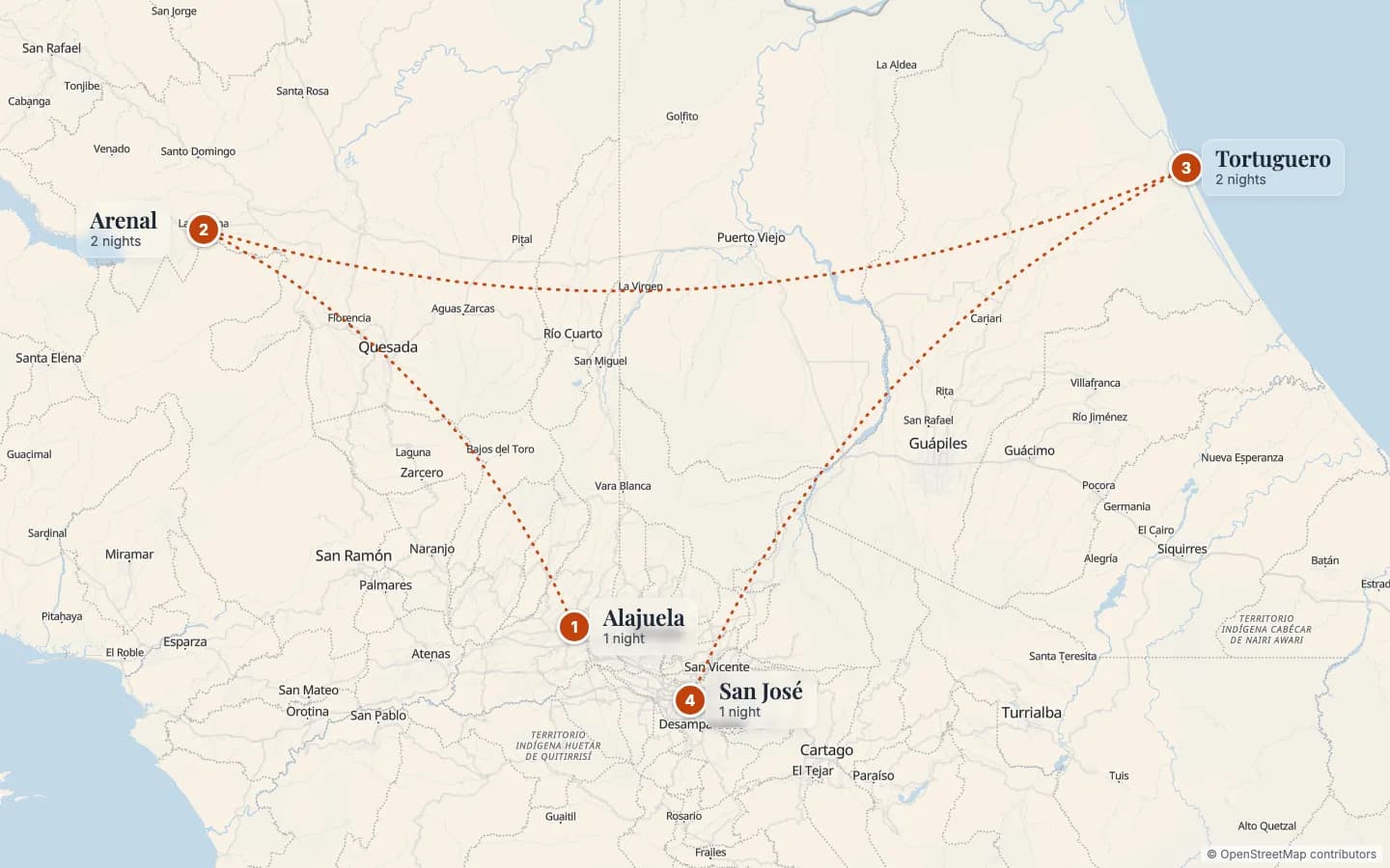 Route map of Costa Rica Nature Lovers: 1 Alajuela (1 nights), 2 Arenal (2 nights), 3 Tortuguero (2 nights), 4 San José (1 nights). Map data © OpenStreetMap contributors.