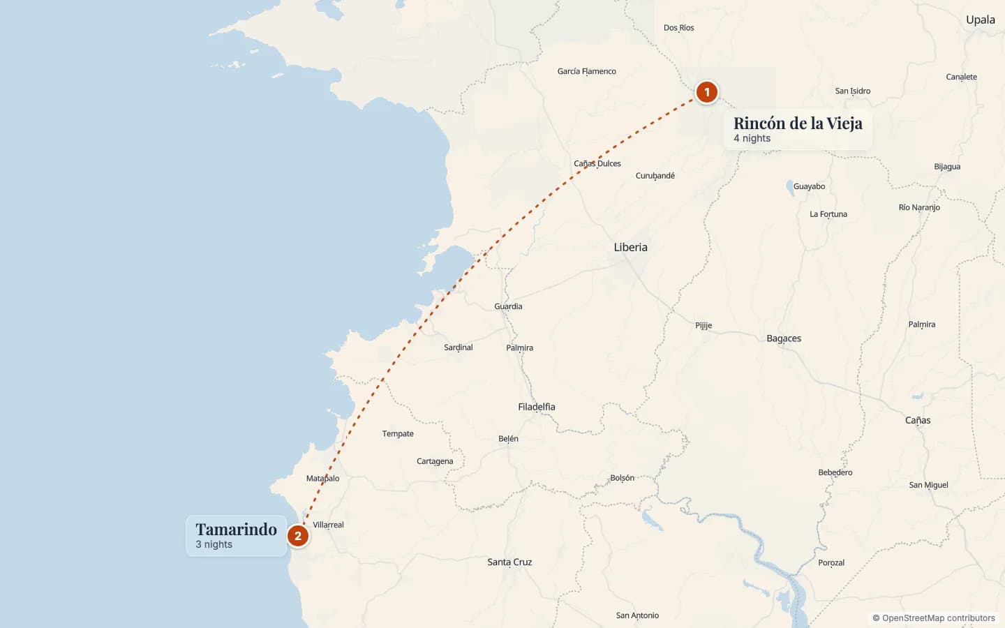 Route map of Costa Rica Northern Explorer: 1 Rincón de la Vieja (4 nights), 2 Tamarindo (3 nights). Map data © OpenStreetMap contributors.