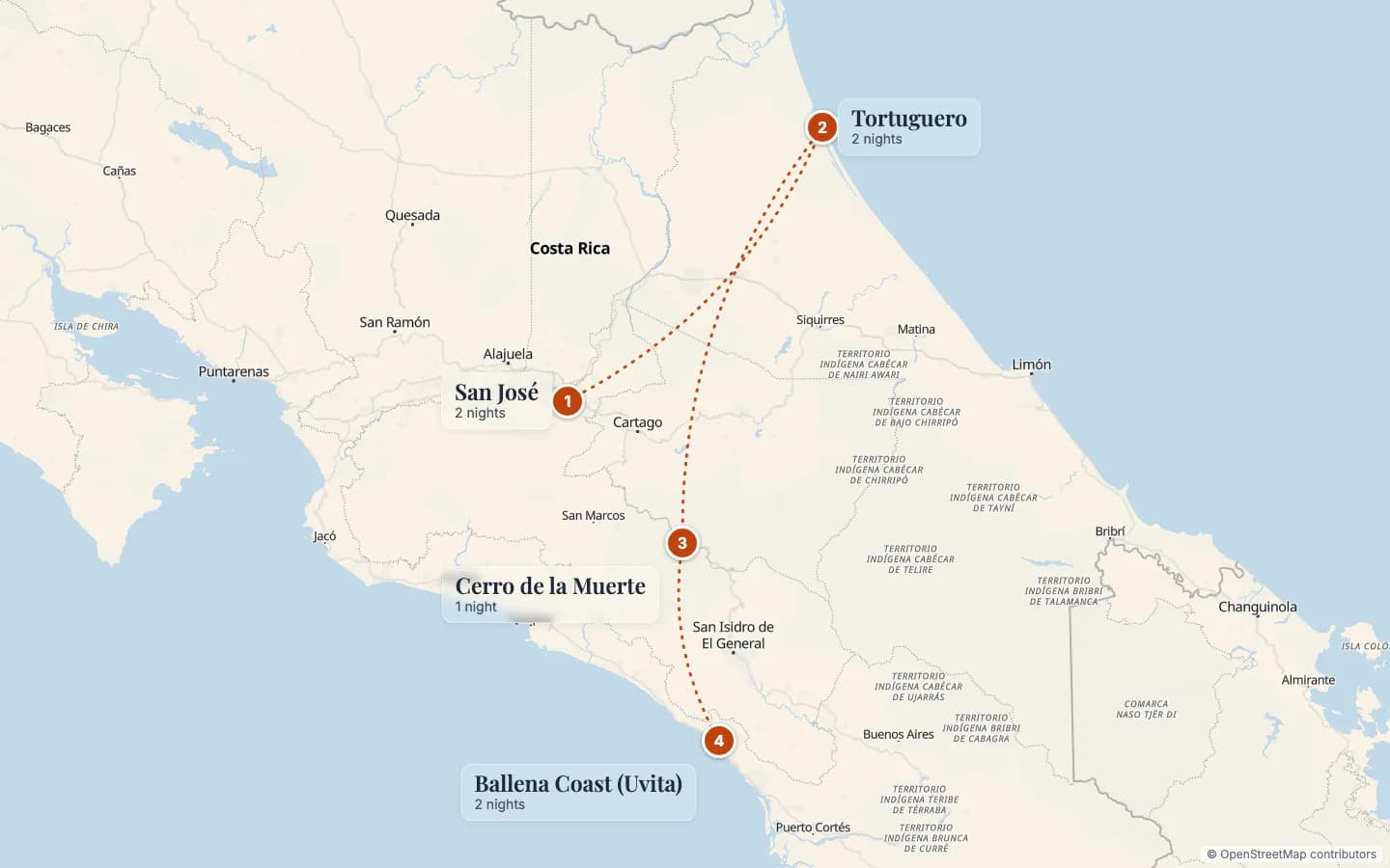 Route map of Costa Rica Wildlife: Turtles, Whales & Dolphins: 1 San José (2 nights), 2 Tortuguero (2 nights), 3 Cerro de la Muerte (1 nights), 4 Ballena Coast (Uvita) (2 nights). Map data © OpenStreetMap contributors.