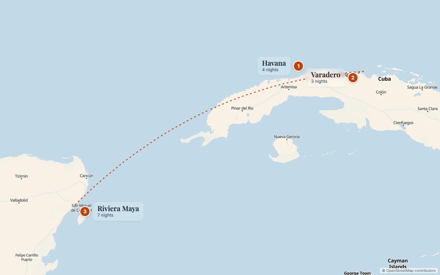 Route map of Cuba & Mexico Honeymoon: Havana, Varadero & Riviera Maya: 1 Havana (4 nights), 2 Varadero (3 nights), 3 Riviera Maya (7 nights). Map data © OpenStreetMap contributors.