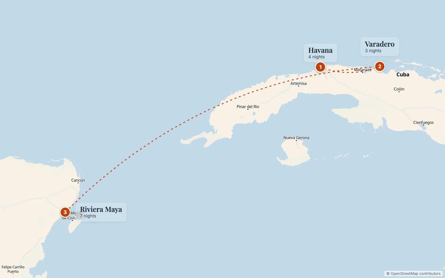 Route map of Cuba & Mexico Honeymoon: Havana, Varadero & Riviera Maya: 1 Havana (4 nights), 2 Varadero (3 nights), 3 Riviera Maya (7 nights). Map data © OpenStreetMap contributors.