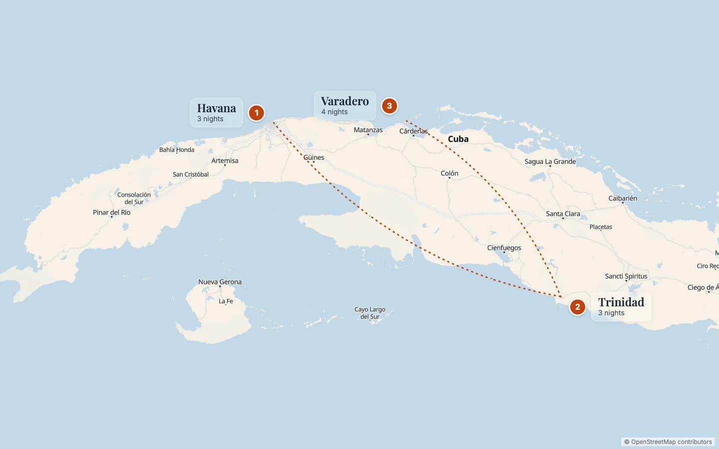 Route map of Cuba Triple Centre: Havana, Trinidad & Varadero: 1 Havana (3 nights), 2 Trinidad (3 nights), 3 Varadero (4 nights). Map data © OpenStreetMap contributors.