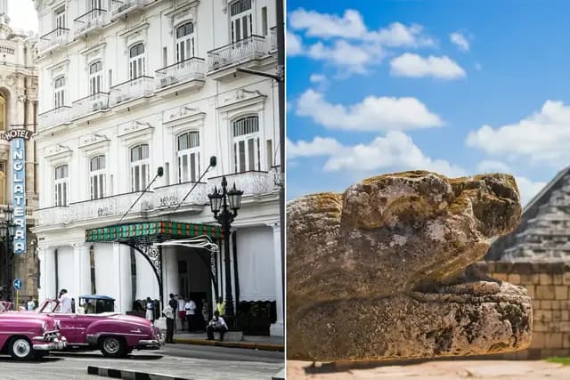 Classic American cars in Old Havana, Cuba on the left and the Chichén Itzá pyramid in Yucatán, Mexico on the right — a side-by-side comparison hero