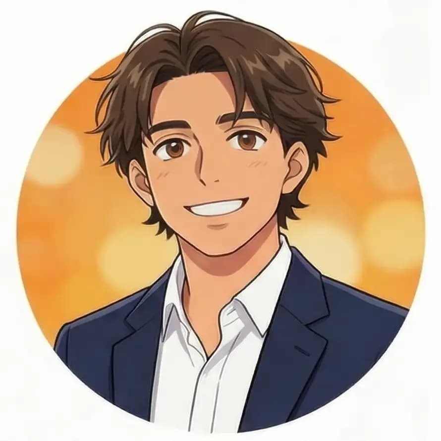 An anime-style illustration of a young man with brown hair, brown eyes, and a wide smile, wearing a dark blue suit jacket over a white collared shirt, set against a blurred orange background.