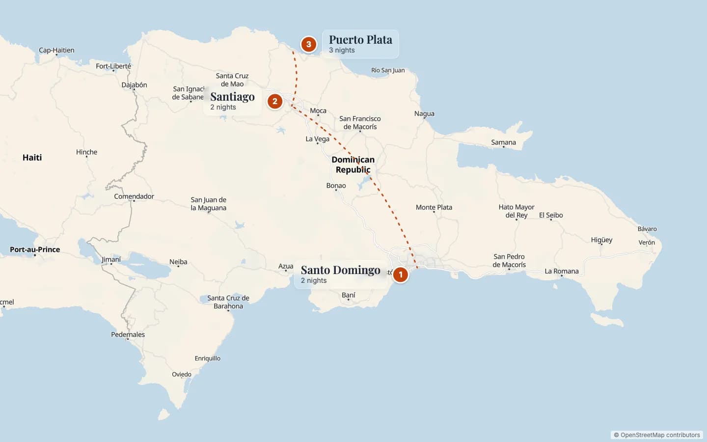Route map of Cultural Gateway: 1 Santo Domingo (2 nights), 2 Santiago (2 nights), 3 Puerto Plata (3 nights). Map data © OpenStreetMap contributors.