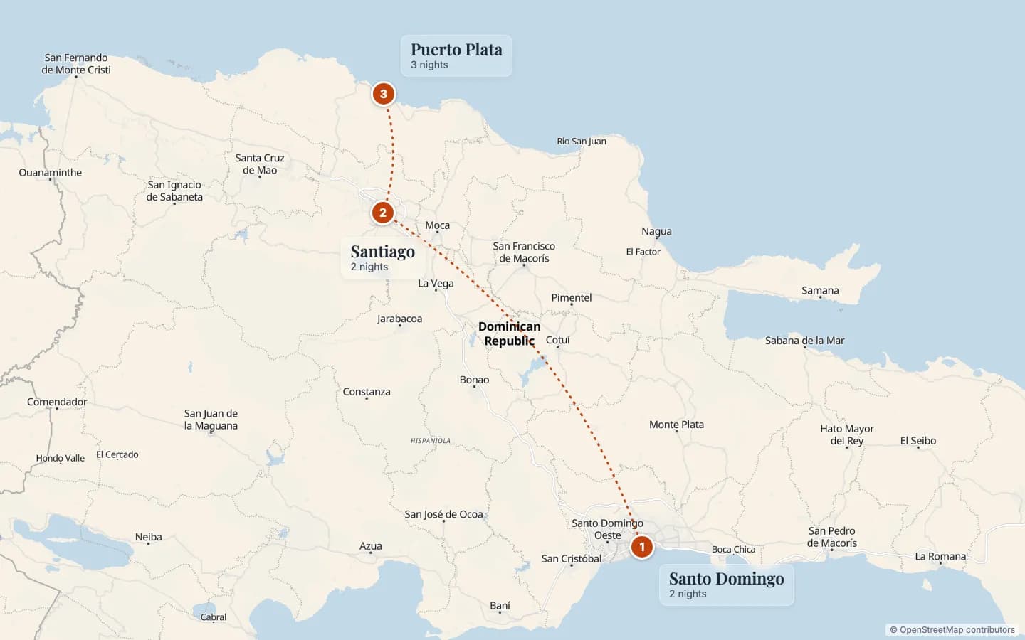 Route map of Cultural Gateway: 1 Santo Domingo (2 nights), 2 Santiago (2 nights), 3 Puerto Plata (3 nights). Map data © OpenStreetMap contributors.