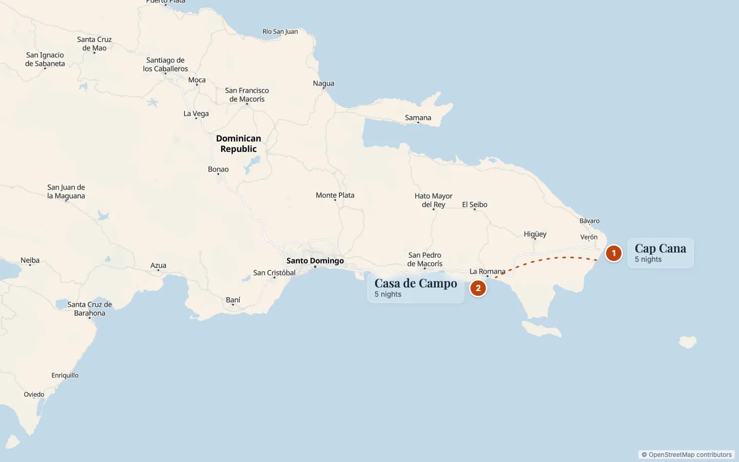Route map of Dominican Republic Honeymoon: Cap Cana & Casa de Campo: 1 Cap Cana (5 nights), 2 Casa de Campo (5 nights). Map data © OpenStreetMap contributors.