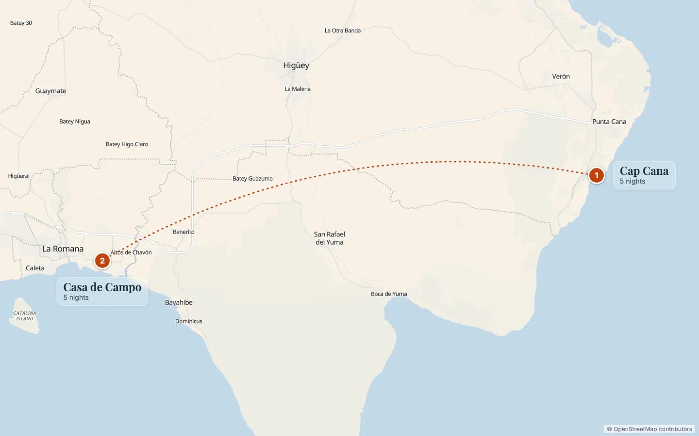 Route map of Dominican Republic Honeymoon: Cap Cana & Casa de Campo: 1 Cap Cana (5 nights), 2 Casa de Campo (5 nights). Map data © OpenStreetMap contributors.