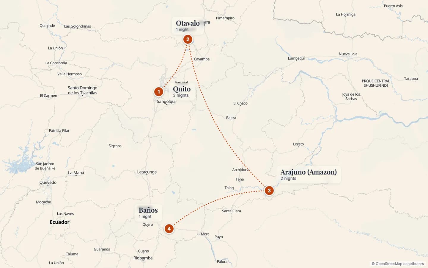 Route map of Ecuador Amazon & Andes: Quito, Otavalo & the Jungle: 1 Quito (3 nights), 2 Otavalo (1 night), 3 Arajuno (Amazon) (2 nights), 4 Baños (1 night). Map data © OpenStreetMap contributors.