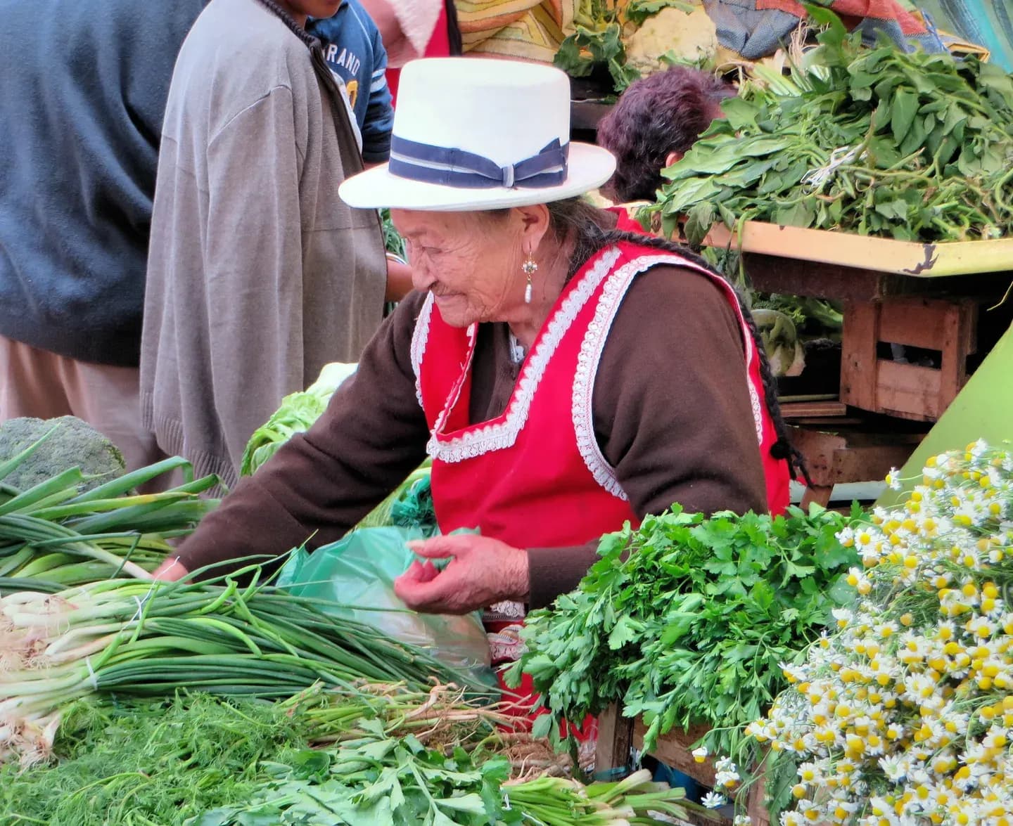 A woman in a white hat selling herbs and spring onions at a market in Cuenca, Ecuador