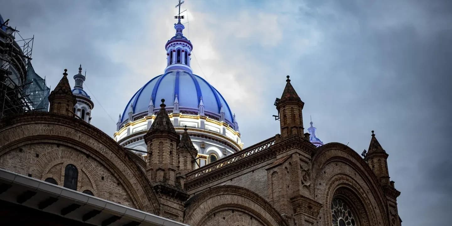 The blue-tiled domes of the New Cathedral in Cuenca, Ecuador