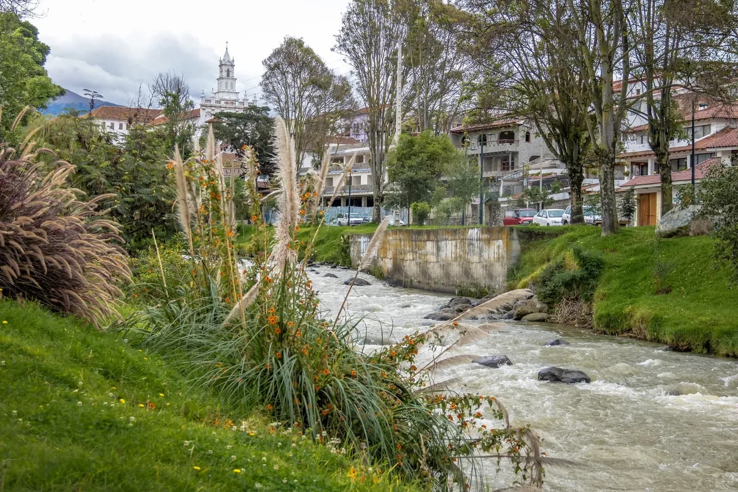 The Tomebamba river running below the old town of Cuenca, with the Todos los Santos church tower, Ecuador