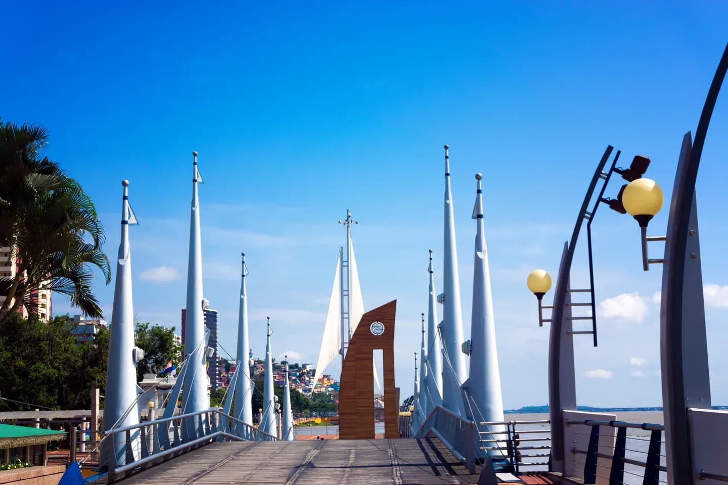 White spires on the Malecón waterfront under a blue sky, Guayaquil, Ecuador