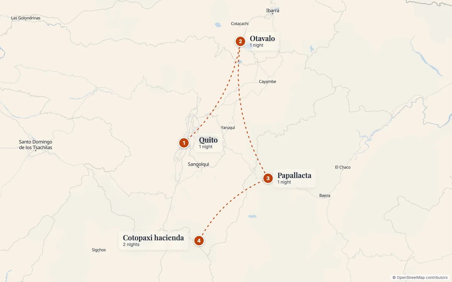 Route map of Haciendas of Ecuador: Otavalo, Papallacta & Cotopaxi: 1 Quito (1 nights), 2 Otavalo (1 nights), 3 Papallacta (1 nights), 4 Cotopaxi hacienda (2 nights). Map data © OpenStreetMap contributors.