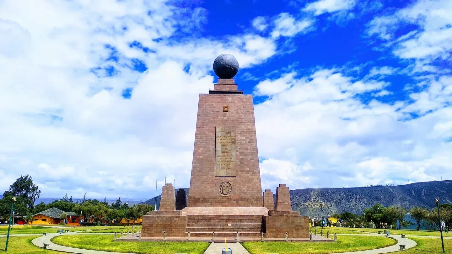 The Mitad del Mundo monument on the equator line north of Quito, Ecuador