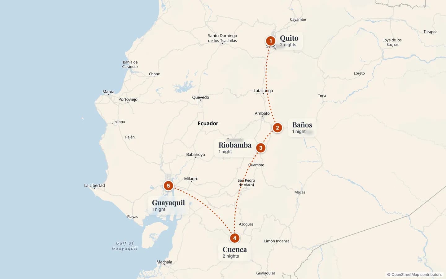 Route map of Ecuador Small Group Tour — Volcanoes, Ingapirca and Cuenca: 1 Quito (2 nights), 2 Baños (1 night), 3 Riobamba (1 night), 4 Cuenca (2 nights), 5 Guayaquil (1 night). Map data © OpenStreetMap contributors.