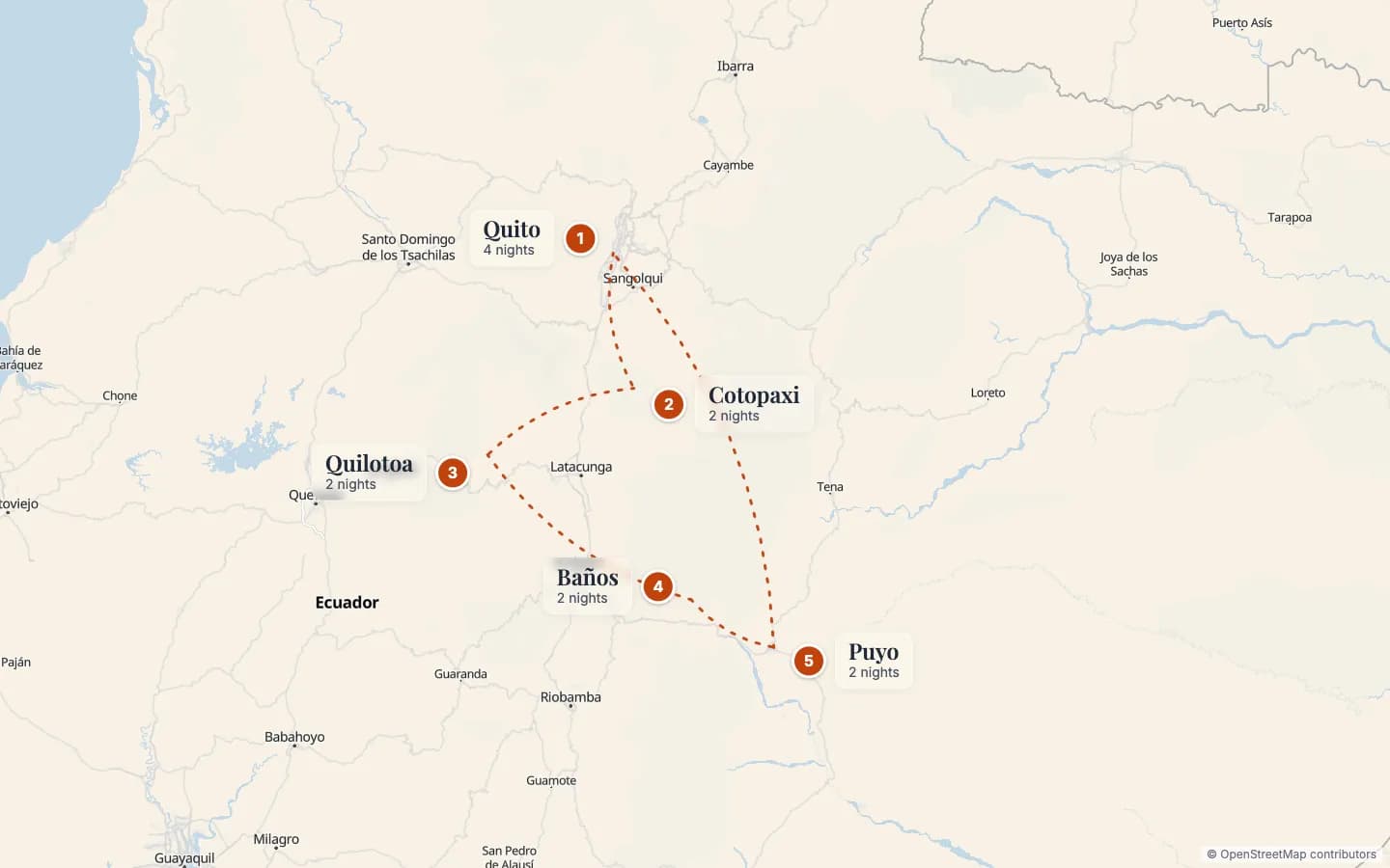 Route map of Ecuador Volcano Avenue Adventure: 1 Quito (4 nights), 2 Cotopaxi (2 nights), 3 Quilotoa (2 nights), 4 Baños (2 nights), 5 Puyo (2 nights). Map data © OpenStreetMap contributors.