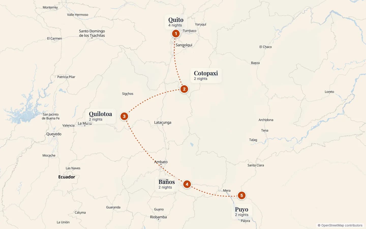 Route map of Ecuador Volcano Avenue Adventure: 1 Quito (4 nights), 2 Cotopaxi (2 nights), 3 Quilotoa (2 nights), 4 Baños (2 nights), 5 Puyo (2 nights). Map data © OpenStreetMap contributors.