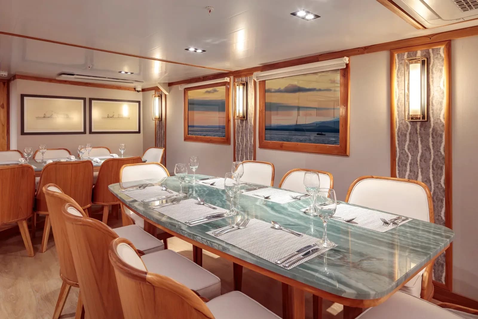 Indoor dining room aboard Evolution, Galápagos