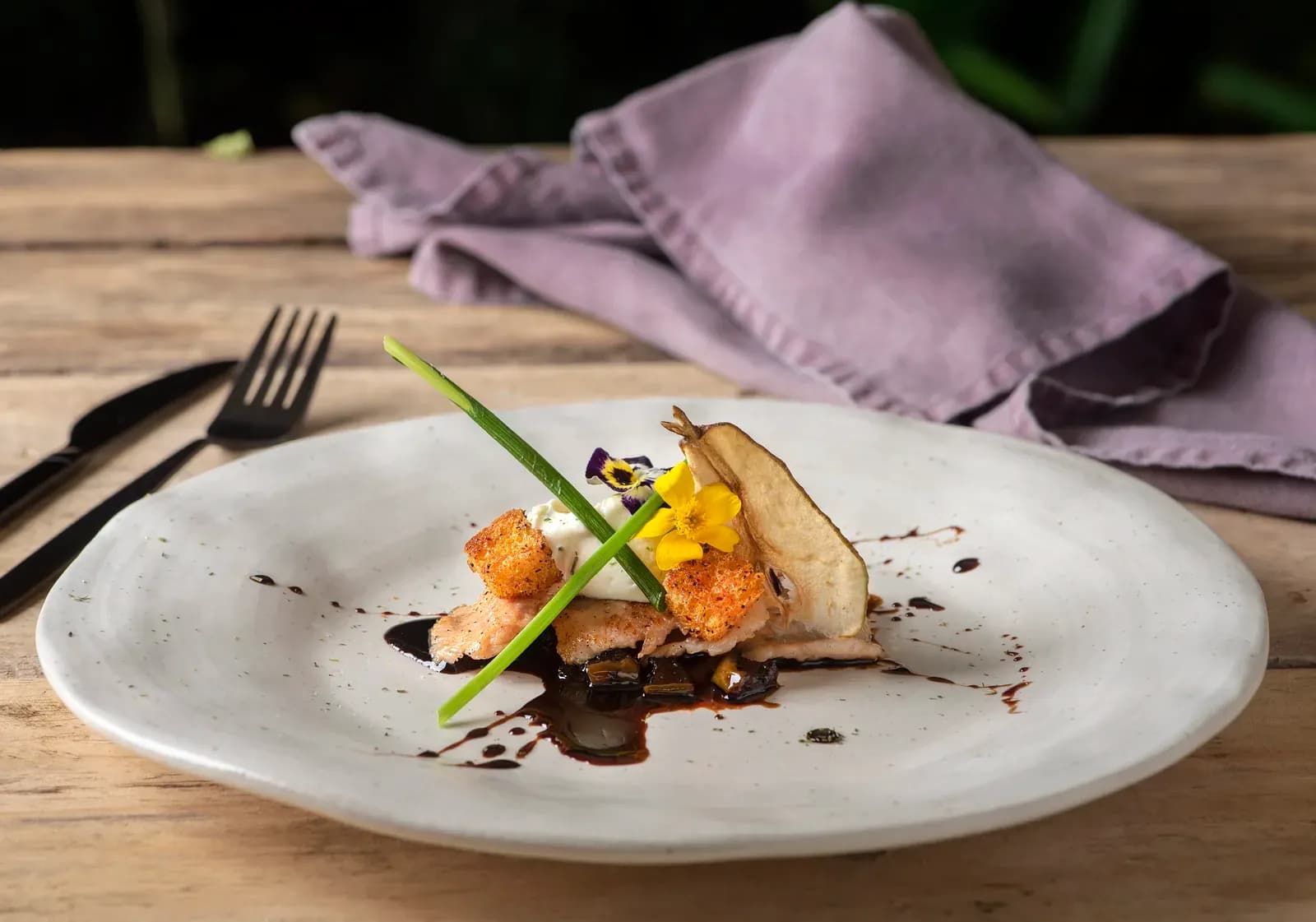 A plated dinner course aboard Evolution, Galápagos