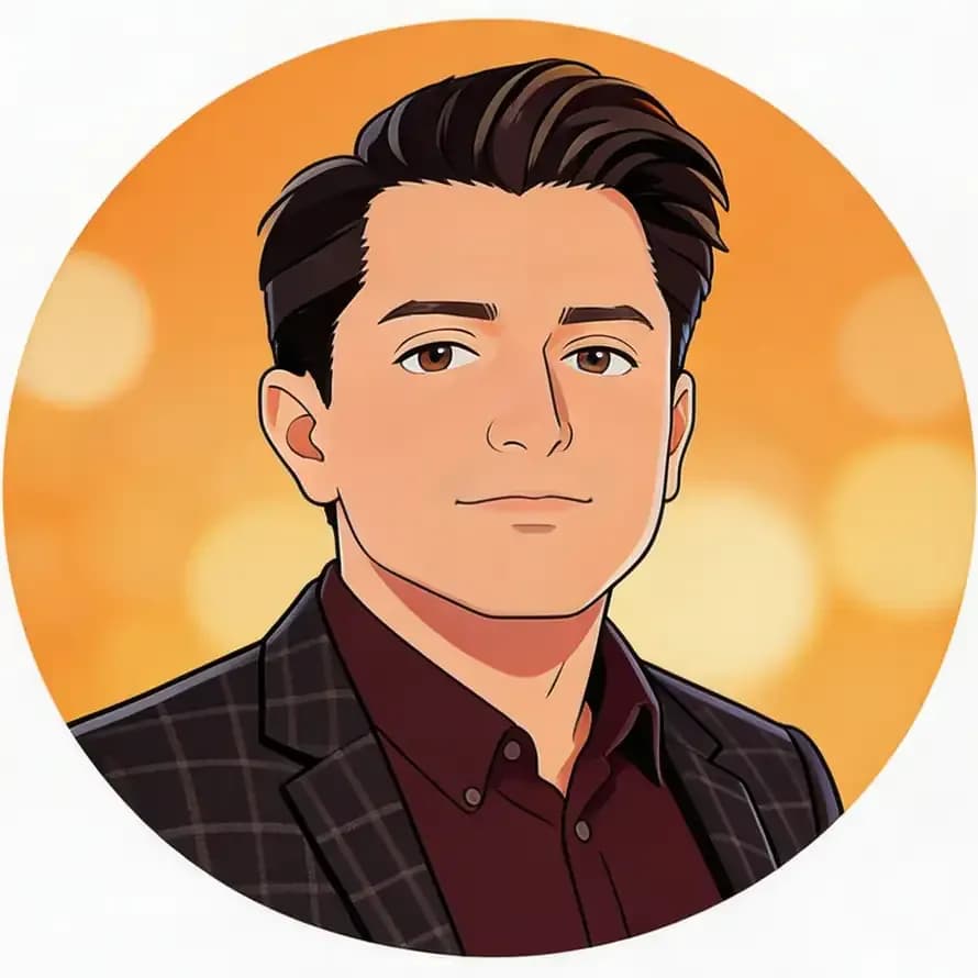 An animated portrait of a man with dark hair, brown eyes, wearing a maroon collared shirt and a dark plaid jacket, set against an orange, bokeh background.