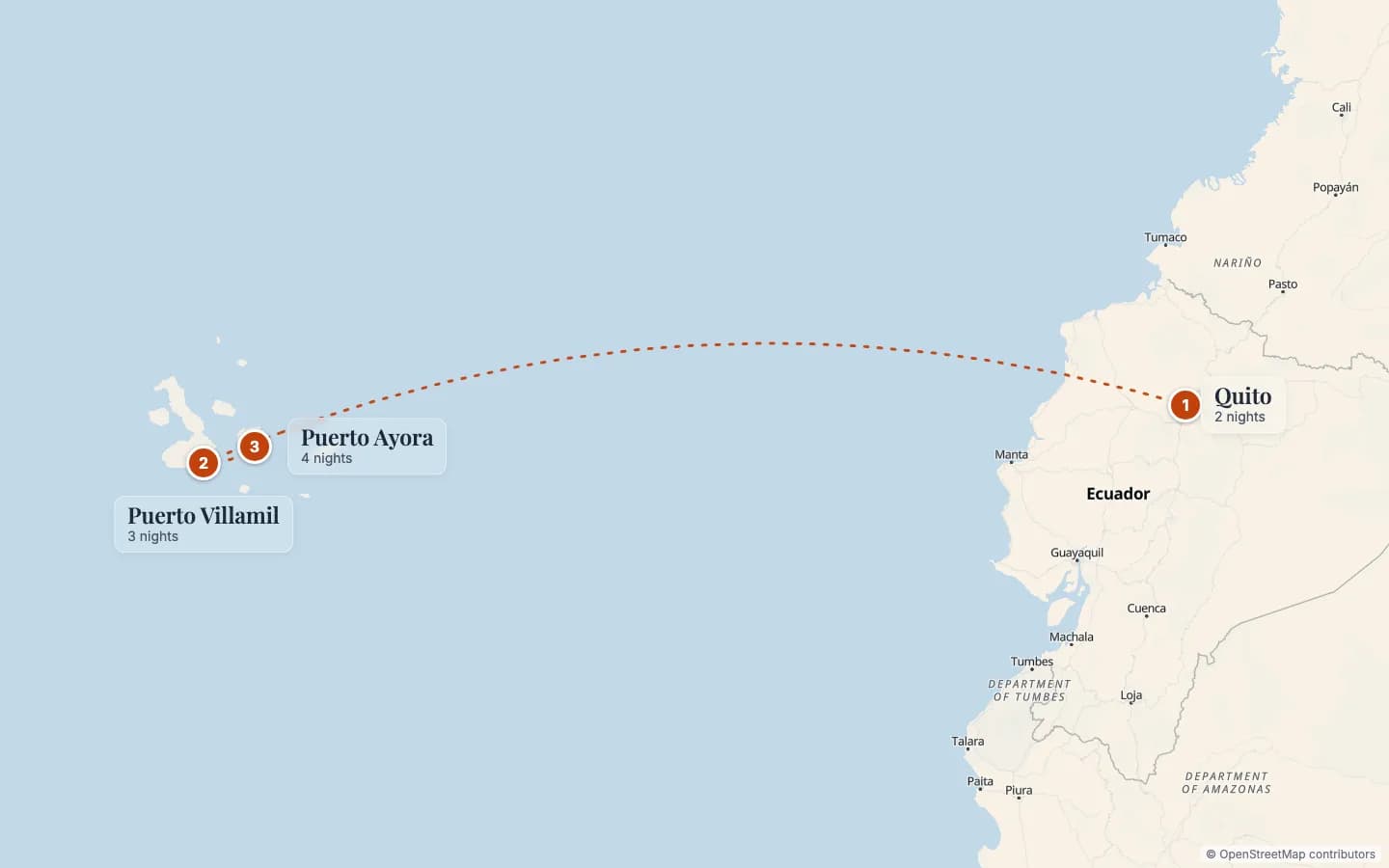 Route map of Galápagos Island Hopping: Santa Cruz & Isabela: 1 Quito (2 nights), 2 Puerto Villamil (3 nights), 3 Puerto Ayora (4 nights). Map data © OpenStreetMap contributors.