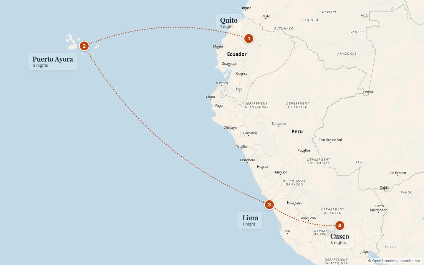 Route map of Galápagos & Machu Picchu: Andes Twin-Centre Holiday: 1 Quito (1 nights), 2 Puerto Ayora (3 nights), 3 Lima (1 nights), 4 Cusco (3 nights). Map data © OpenStreetMap contributors.