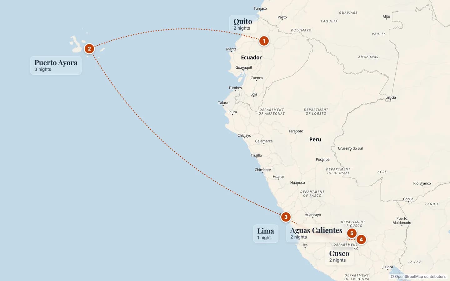 Route map of Galápagos & Machu Picchu Honeymoon: Luxury Twin-Centre: 1 Quito (2 nights), 2 Puerto Ayora (3 nights), 3 Lima (1 nights), 4 Cusco (2 nights), 5 Aguas Calientes (2 nights). Map data © OpenStreetMap contributors.