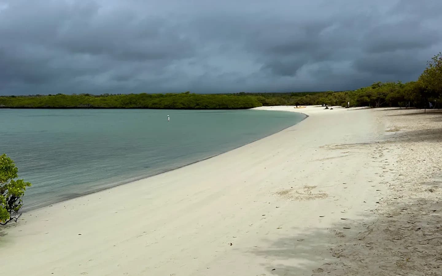 White sand curving around a pale turquoise lagoon under a heavy sky, Tortuga Bay, Galápagos