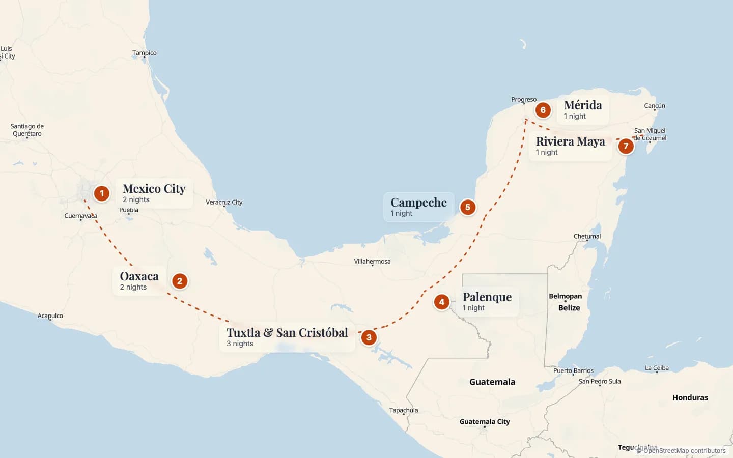 Route map of Great Mexico: Pyramids, Jungles & Caribbean Coast: 1 Mexico City (2 nights), 2 Oaxaca (2 nights), 3 Tuxtla & San Cristóbal (3 nights), 4 Palenque (1 nights), 5 Campeche (1 nights), 6 Mérida (1 nights), 7 Riviera Maya (1 nights). Map data © OpenStreetMap contributors.