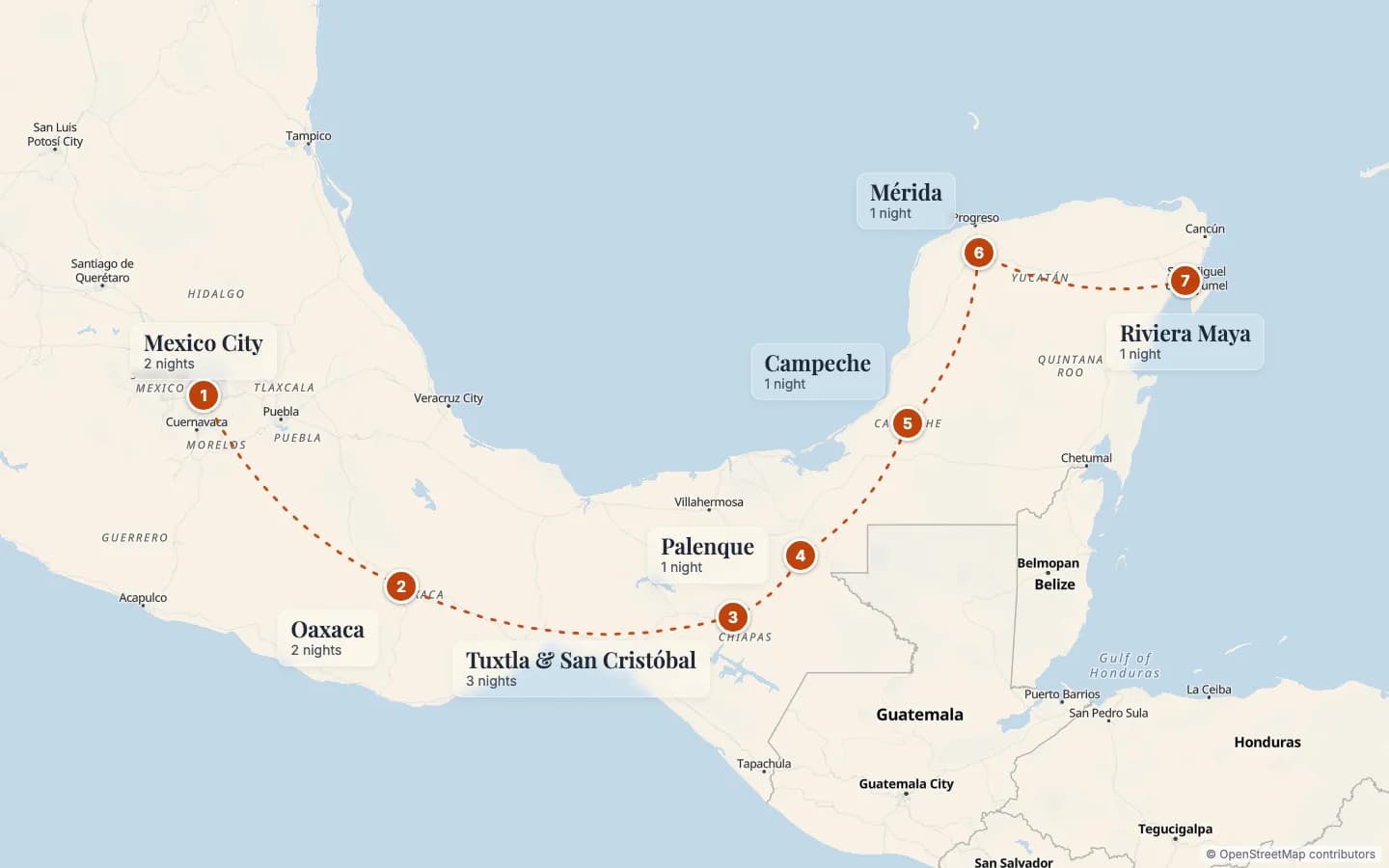 Route map of Great Mexico: Pyramids, Jungles & Caribbean Coast: 1 Mexico City (2 nights), 2 Oaxaca (2 nights), 3 Tuxtla & San Cristóbal (3 nights), 4 Palenque (1 nights), 5 Campeche (1 nights), 6 Mérida (1 nights), 7 Riviera Maya (1 nights). Map data © OpenStreetMap contributors.